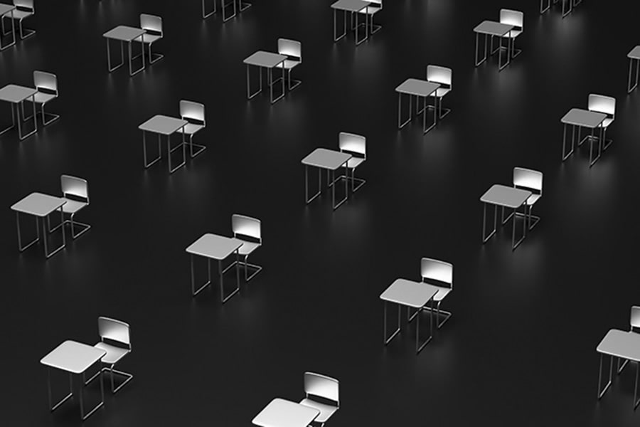 A socially distanced classroom concept rendering
